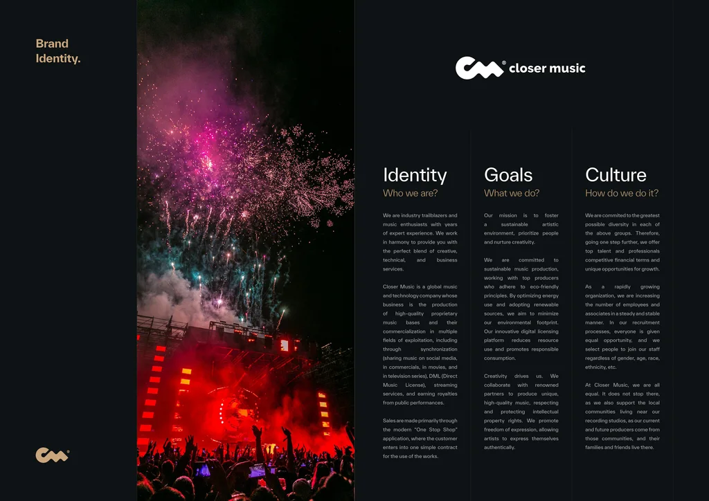 Closer Music brand book: the brand identity, with the logo over a concert photo