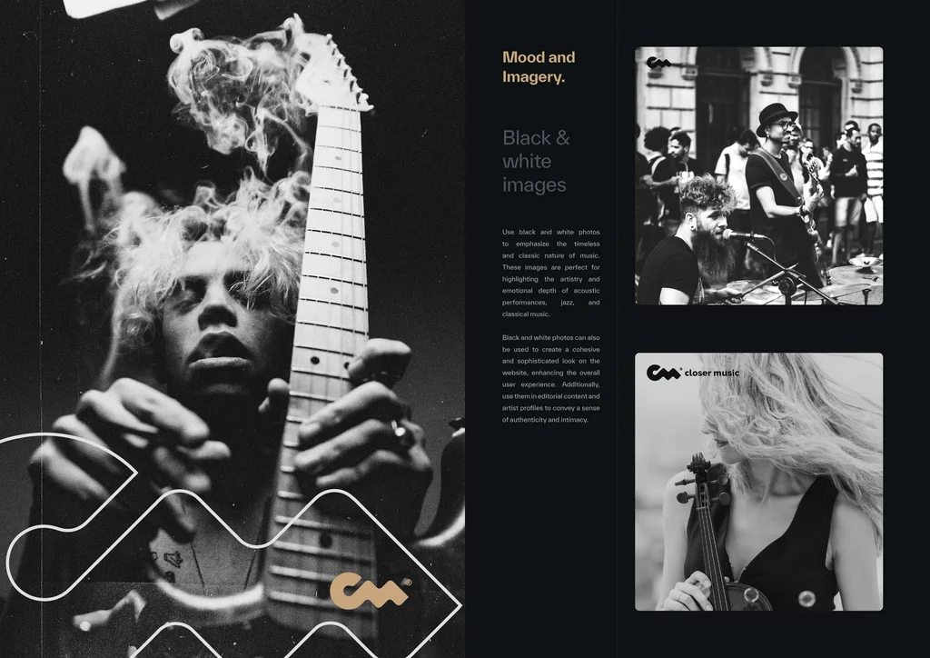 Closer Music brand book: black-and-white photography with the logo symbol