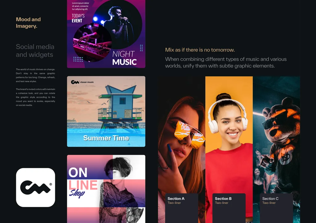 Closer Music brand book: social media templates and the app icon