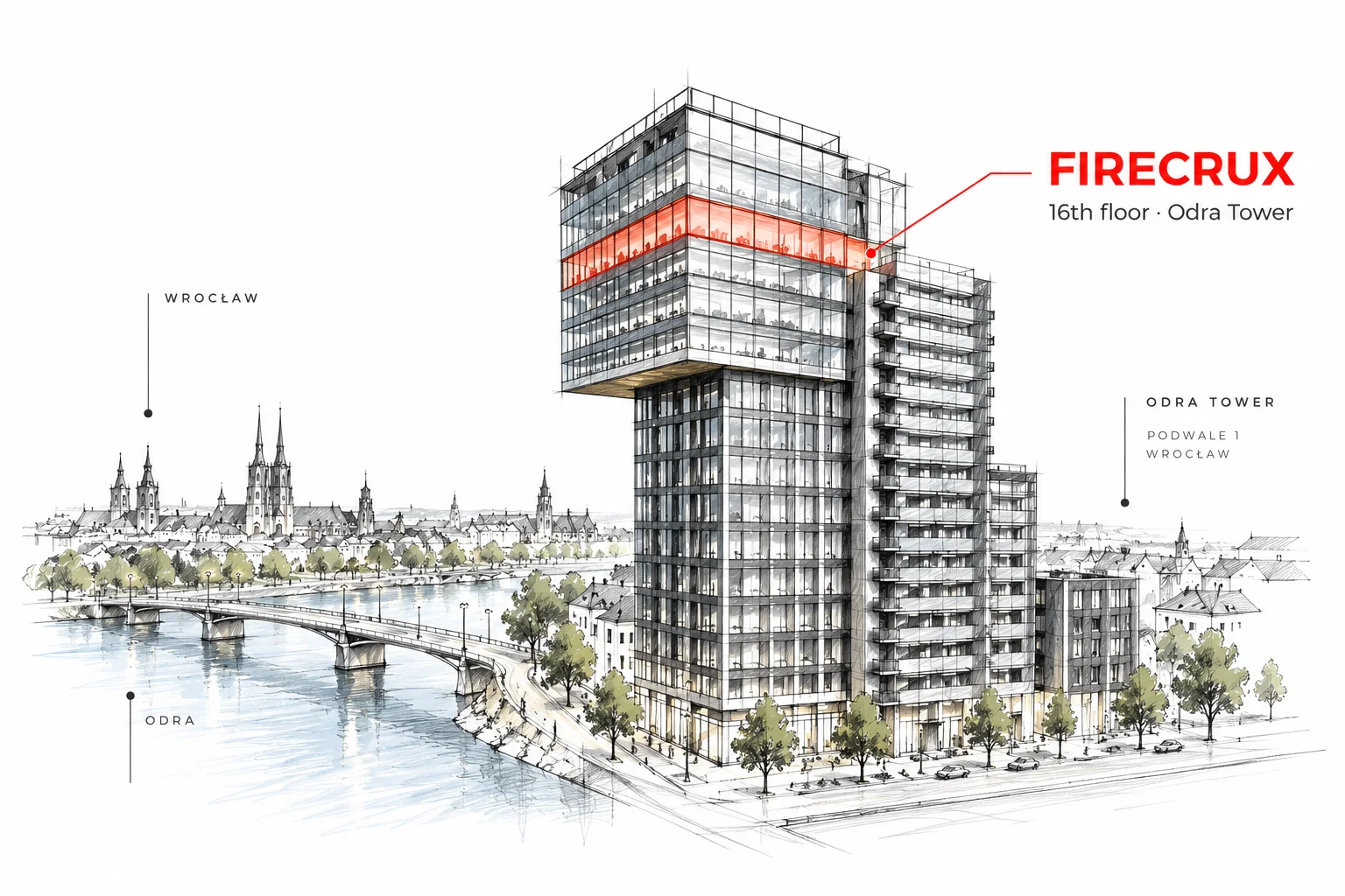 Our office on the 16th floor of Odra Tower, by the Odra river in Wrocław